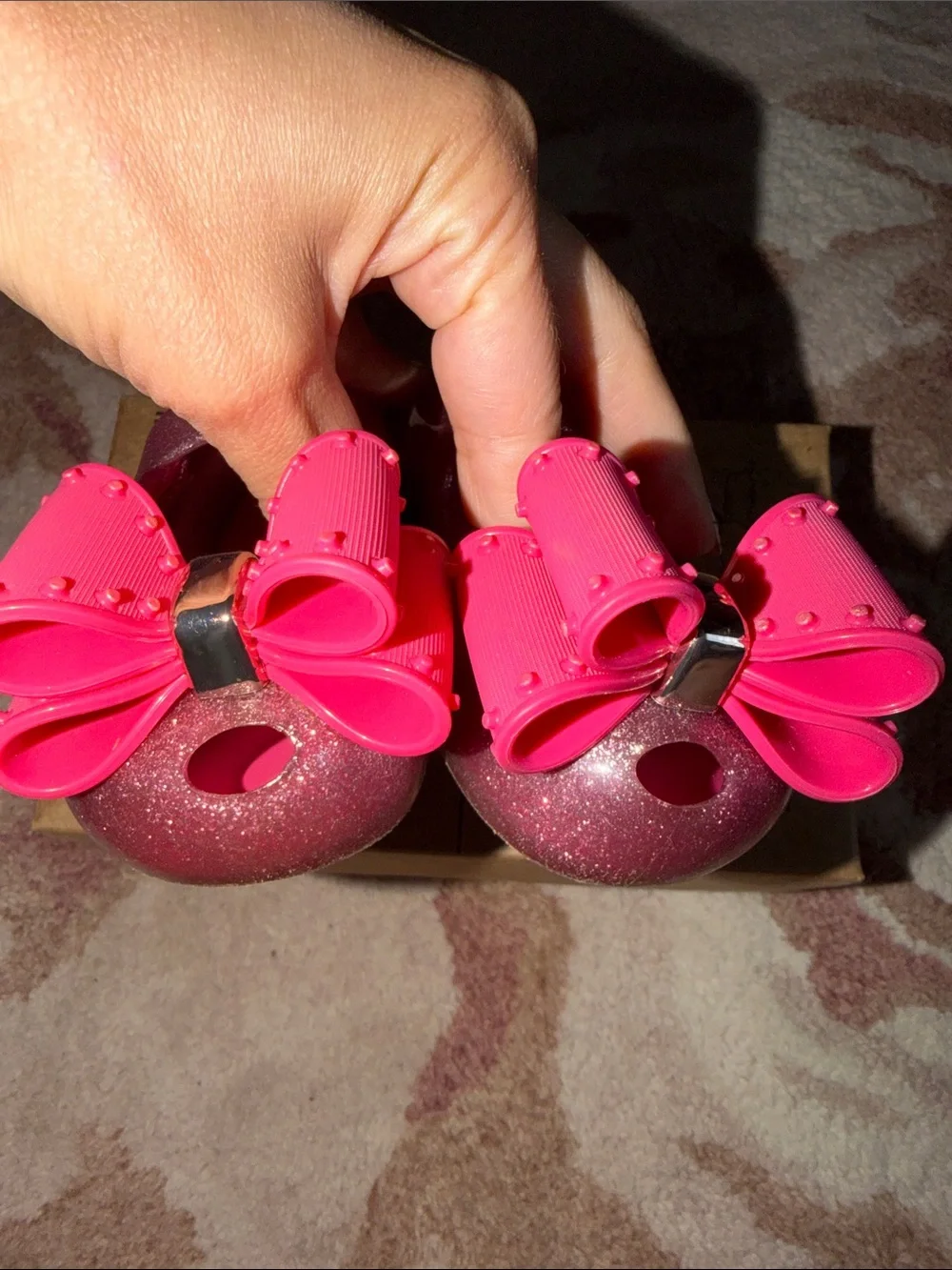 Mini Melissa Ultra Classic Bow Pink Glitter Mary Janes with Hot Pink Bow